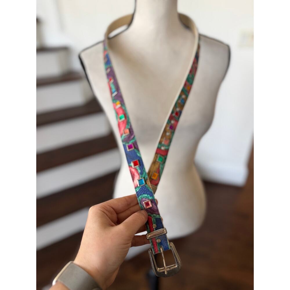 Vintage 80s 90s Multi Color Rainbow Gem Stone Leather Belt 2X Western Boho - Picture 2 of 5